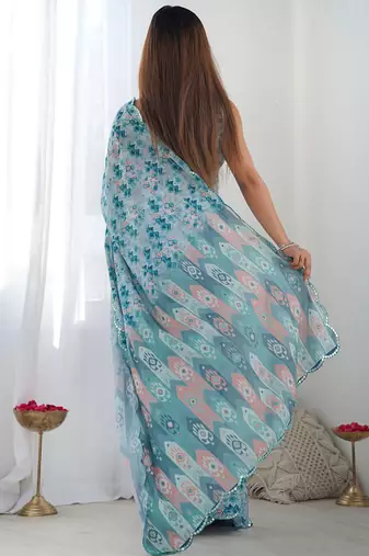  georgette art silk blend saree with mirror work border & multi-tone print & festive saree for women