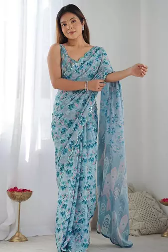  georgette art silk blend saree with mirror work border & multi-tone print & festive saree for women
