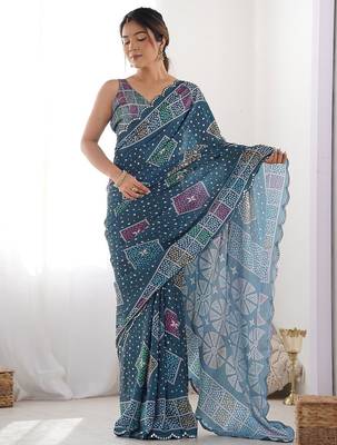  georgette art silk blend saree with mirror work border & multi-tone print & festive saree for women 1