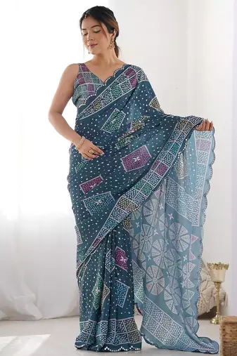 designer georgette art silk saree with mirror work border & multi-tone print | party wear & festive saree for women