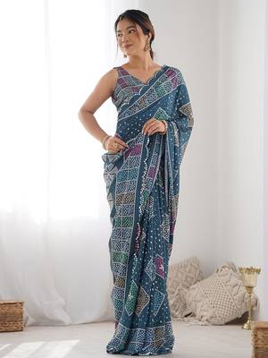  georgette art silk blend saree with mirror work border & multi-tone print & festive saree for women 3