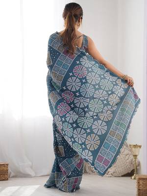  georgette art silk blend saree with mirror work border & multi-tone print & festive saree for women 4