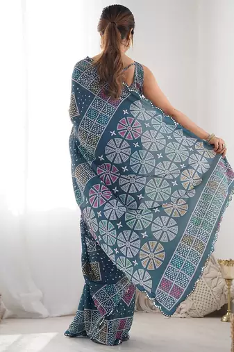  georgette art silk blend saree with mirror work border & multi-tone print & festive saree for women