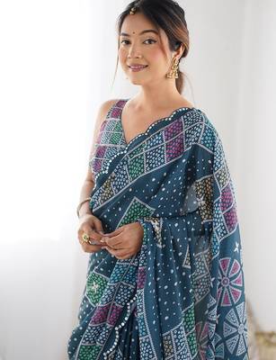  georgette art silk blend saree with mirror work border & multi-tone print & festive saree for women 5