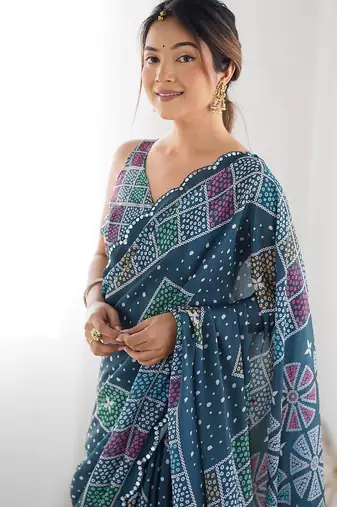  georgette art silk blend saree with mirror work border & multi-tone print & festive saree for women