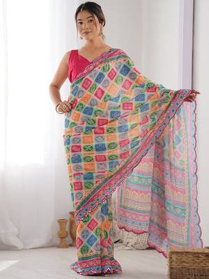  georgette art silk blend saree with mirror work border & multi-tone print & festive saree for women 1