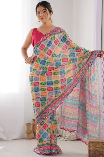 designer georgette art silk saree with mirror work border & multi-tone print | party wear & festive saree for women