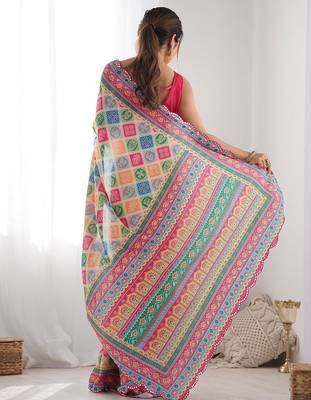  georgette art silk blend saree with mirror work border & multi-tone print & festive saree for women 2