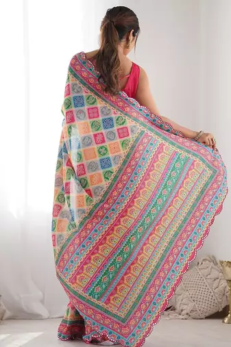  georgette art silk blend saree with mirror work border & multi-tone print & festive saree for women