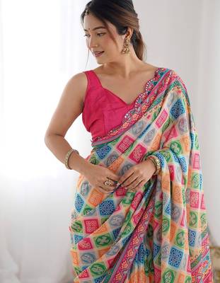  georgette art silk blend saree with mirror work border & multi-tone print & festive saree for women 3