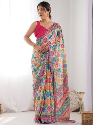  georgette art silk blend saree with mirror work border & multi-tone print & festive saree for women 4