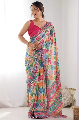  georgette art silk blend saree with mirror work border & multi-tone print & festive saree for women