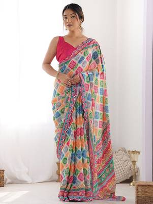  georgette art silk blend saree with mirror work border & multi-tone print & festive saree for women 5