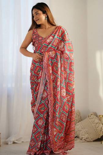 designer georgette art silk saree with mirror work border & multi-tone print | party wear & festive saree for women