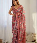 designer georgette art silk saree with mirror work border & multi-tone print | party wear & festive saree for women