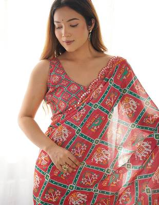 designer georgette art silk saree with mirror work border & multi-tone print | party wear & festive saree for women 2
