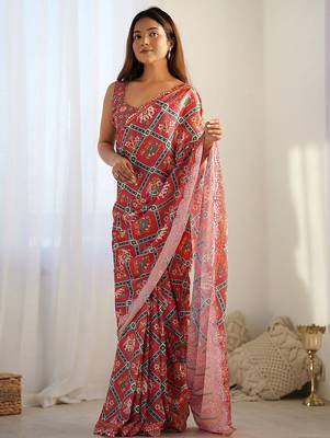 designer georgette art silk saree with mirror work border & multi-tone print | party wear & festive saree for women 4
