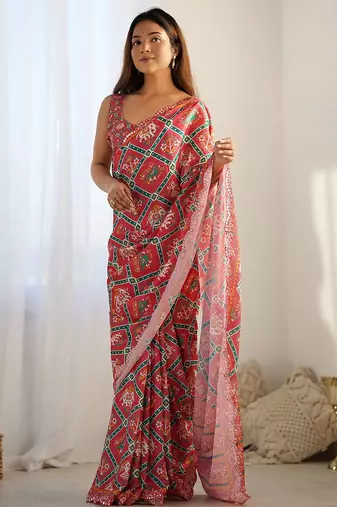  georgette art silk blend saree with mirror work border & multi-tone print & festive saree for women
