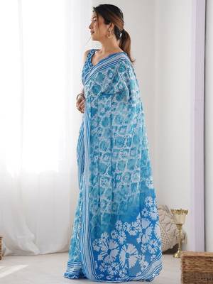  georgette art silk blend saree with mirror work border & multi-tone print & festive saree for women 1