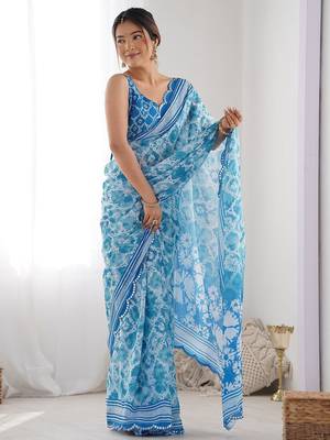  georgette art silk blend saree with mirror work border & multi-tone print & festive saree for women 2