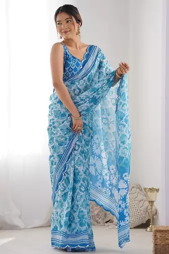  georgette art silk blend saree with mirror work border & multi-tone print & festive saree for women