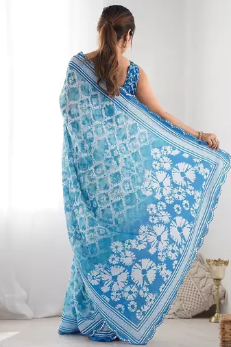  georgette art silk blend saree with mirror work border & multi-tone print & festive saree for women