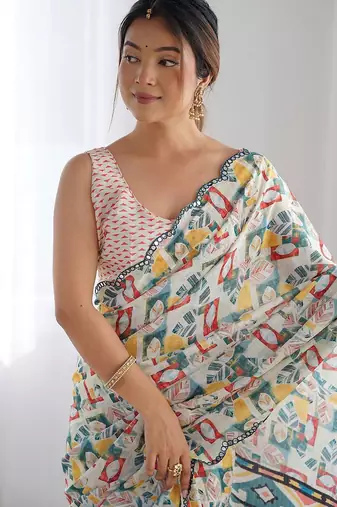  georgette art silk blend saree with mirror work border & multi-tone print & festive saree for women