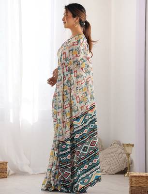 designer georgette art silk saree with mirror work border & multi-tone print | party wear & festive saree for women 4