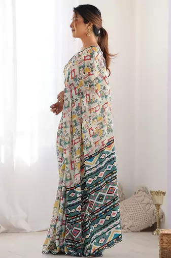  georgette art silk blend saree with mirror work border & multi-tone print & festive saree for women