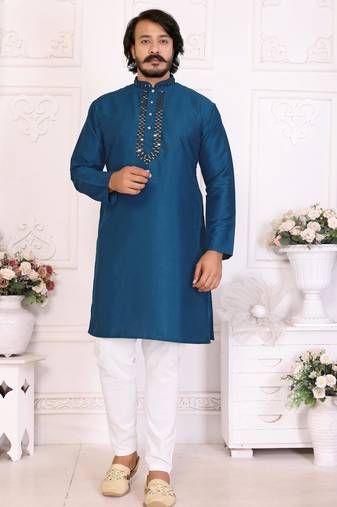 Blue silk sequins work straight men's kurta pyjama