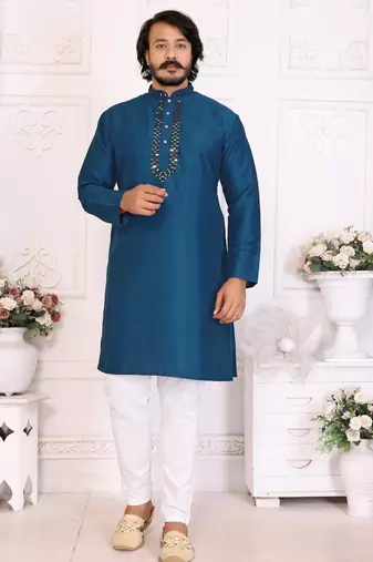 Blue silk sequins work straight men's kurta pyjama