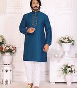 Blue silk sequins work straight men's kurta pyjama