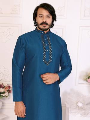 Blue silk sequins work straight men's kurta pyjama 2