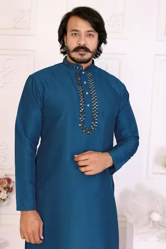 Blue silk sequins work straight men's kurta pyjama