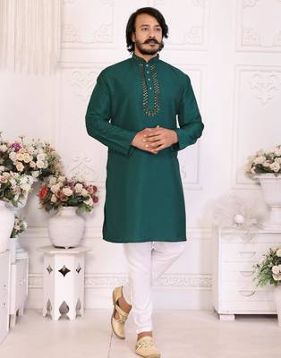 Teal silk sequins work straight men's kurta pyjama 1