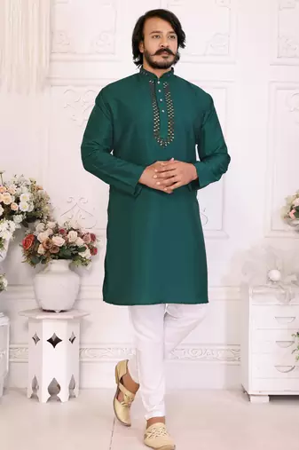 Teal silk sequins work straight men's kurta pyjama
