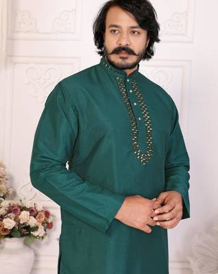 Teal silk sequins work straight men's kurta pyjama 2