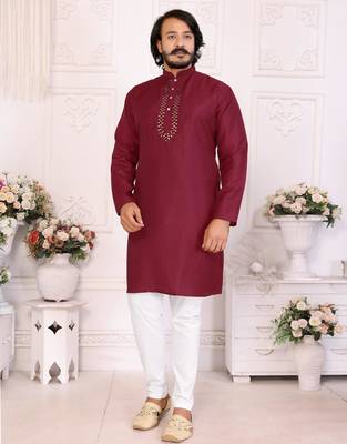 Maroon silk sequins work straight men's kurta pyjama 1