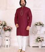 Maroon silk sequins work straight men's kurta pyjama