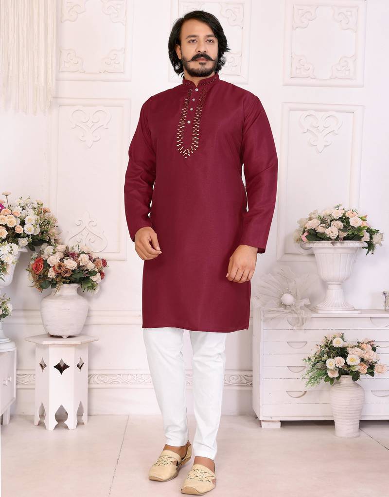 Maroon silk sequins work straight men's kurta pyjama