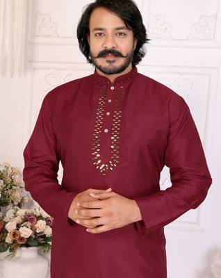 Maroon silk sequins work straight men's kurta pyjama 2