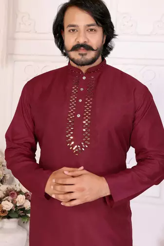 Maroon silk sequins work straight men's kurta pyjama