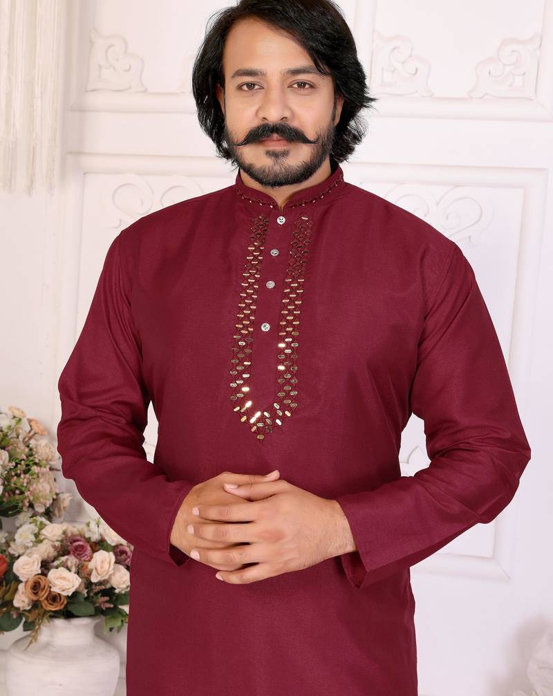 Maroon silk sequins work straight men's kurta pyjama