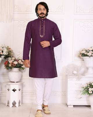 Purple silk sequins work straight men's kurta pyjama 1
