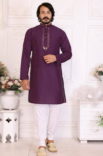 Purple silk sequins work straight men's kurta pyjama