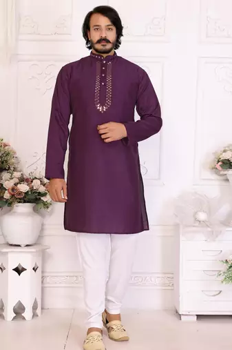 Purple silk sequins work straight men's kurta pyjama