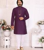 Purple silk sequins work straight men's kurta pyjama
