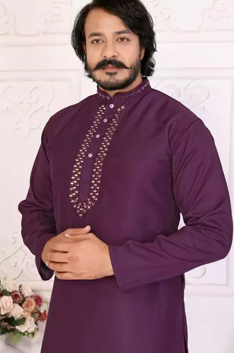 Purple silk sequins work straight men's kurta pyjama