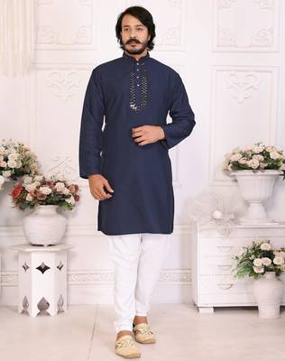 Navy blue silk sequins work straight men's kurta pyjama 1