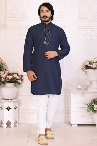 Navy blue silk sequins work straight men's kurta pyjama